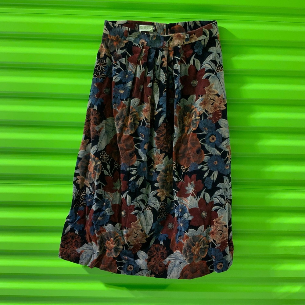 Vintage Panther Floral Corduroy Midi Skirt Burgundy Blue Pleated High Waist 9/10